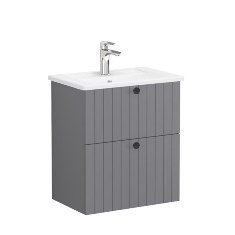 Vitra Root Groove 69235 Lavabo Dolabı, Çift Çekmeceli, Dar, 60 Cm, Mat Gri, Köşeli Lavabolu